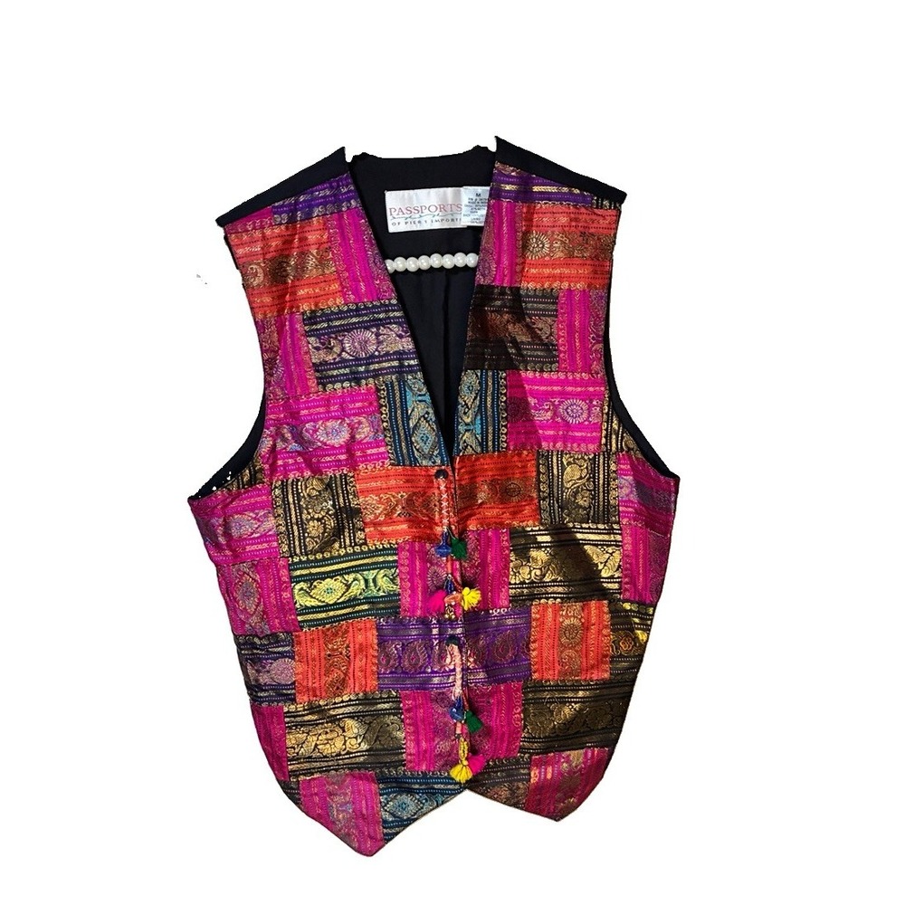 Vintage Pier 1 Passports Patchwork Vest – Metallic Boho India – Size M